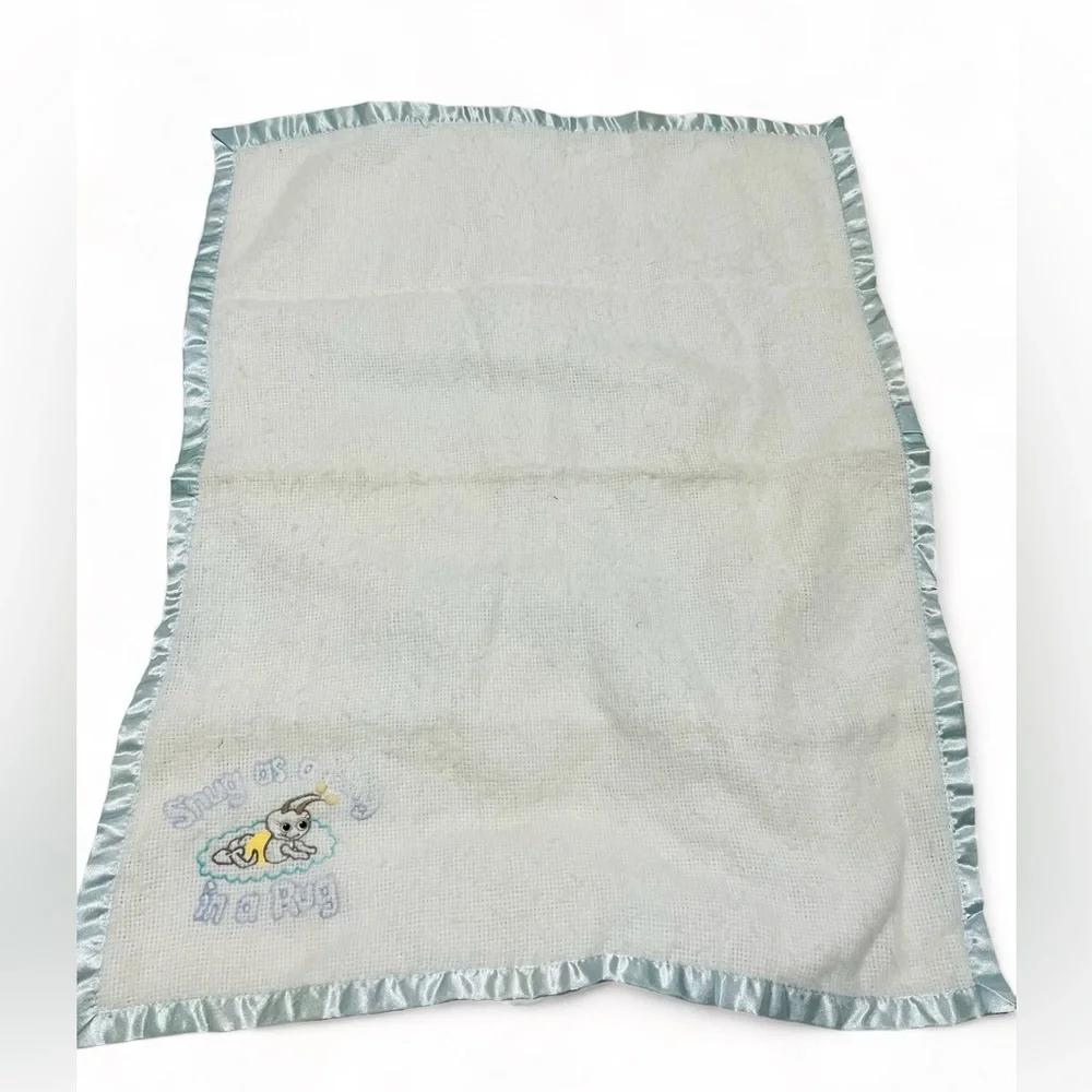 VTG Baby Blanket Blue Satin Trim SNUG AS A BUG IN A RUG 100% Acrylic Embroidered